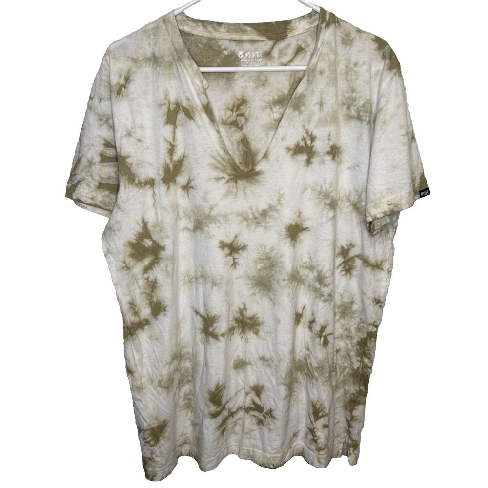 PINK Victoria Secret Womens Medium Shirt Short Sleeve Green Tie Dye V-Neck Top